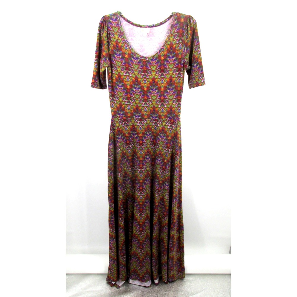 LULAROE Maxi Fit & Flare Dress Women Med Brown Tribal Southwest Mosaic Stretch